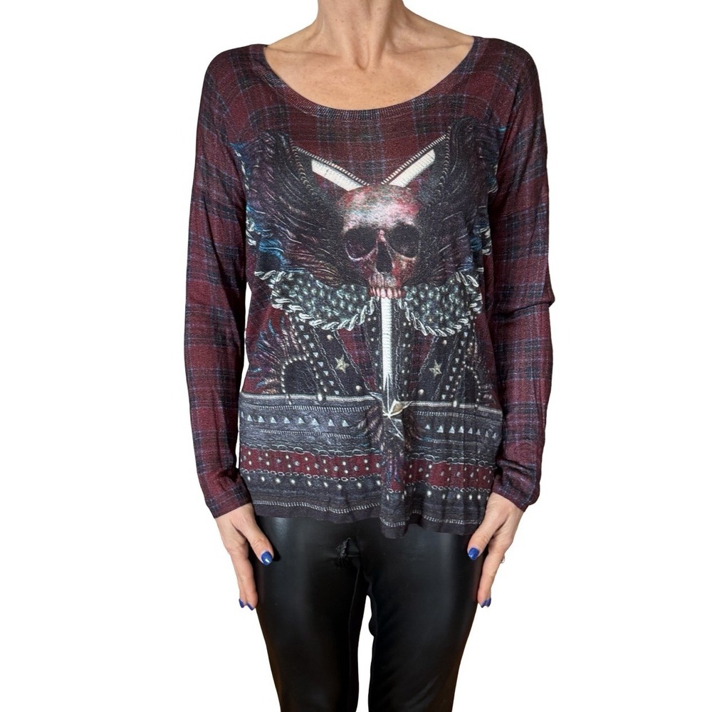 The Kooples Red Silk Blend Pullover Sweater Jumper Red Plaid Skull Grunge Goth L